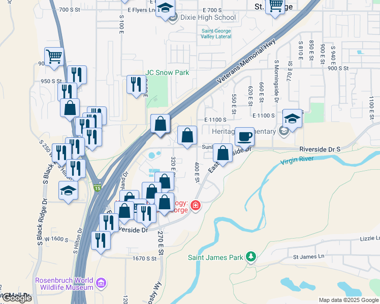 map of restaurants, bars, coffee shops, grocery stores, and more near 1300 South 400 East in St. George