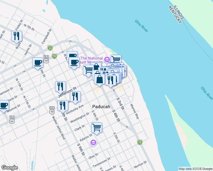 map of restaurants, bars, coffee shops, grocery stores, and more near 321 Kentucky Avenue in Paducah