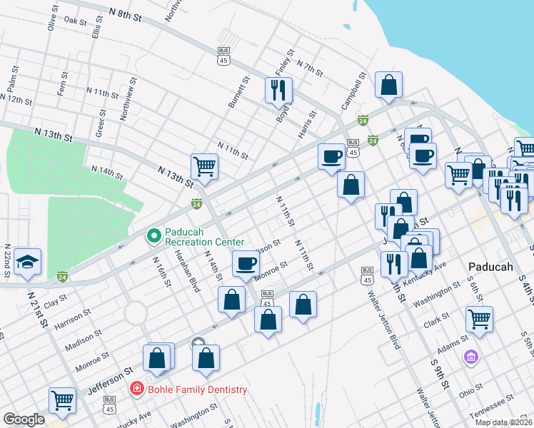 map of restaurants, bars, coffee shops, grocery stores, and more near 1152-1198 Harrison Street in Paducah