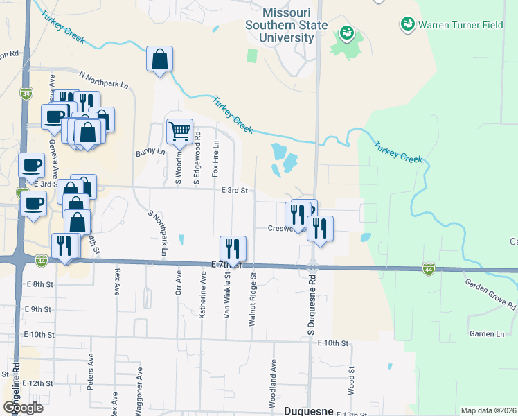 map of restaurants, bars, coffee shops, grocery stores, and more near 413 Walnut Ridge Street in Joplin