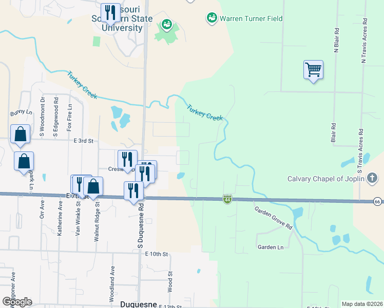 map of restaurants, bars, coffee shops, grocery stores, and more near 4220 University Circle in Joplin