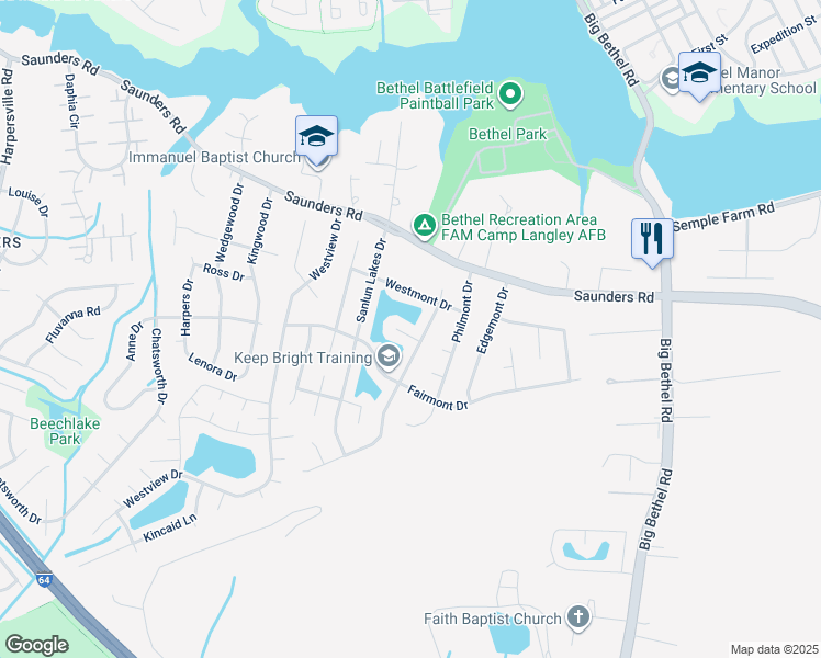 map of restaurants, bars, coffee shops, grocery stores, and more near 4 Waterview Point in Hampton