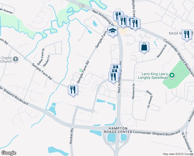 map of restaurants, bars, coffee shops, grocery stores, and more near 29 Corwin Circle in Hampton