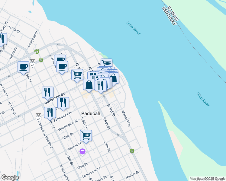 map of restaurants, bars, coffee shops, grocery stores, and more near 432 Marine Way in Paducah