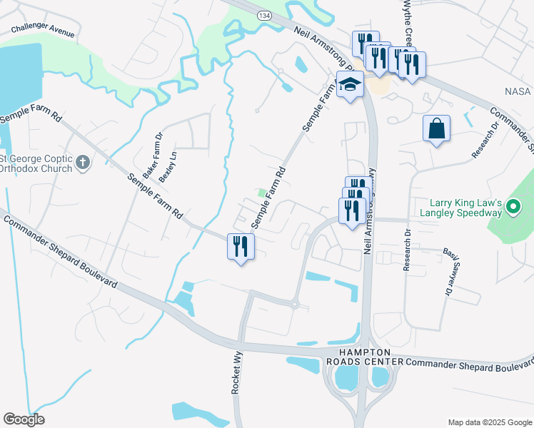 map of restaurants, bars, coffee shops, grocery stores, and more near 164 Corwin Circle in Hampton