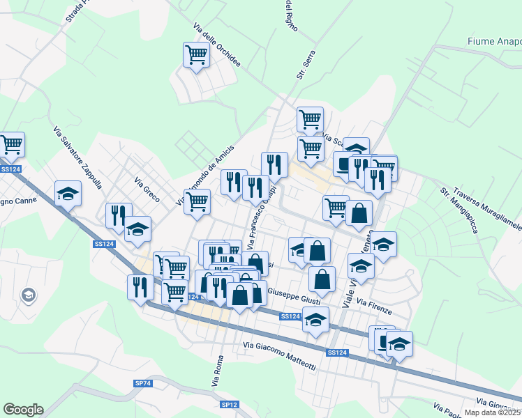 map of restaurants, bars, coffee shops, grocery stores, and more near 185 Via Francesco Crispi in Floridia
