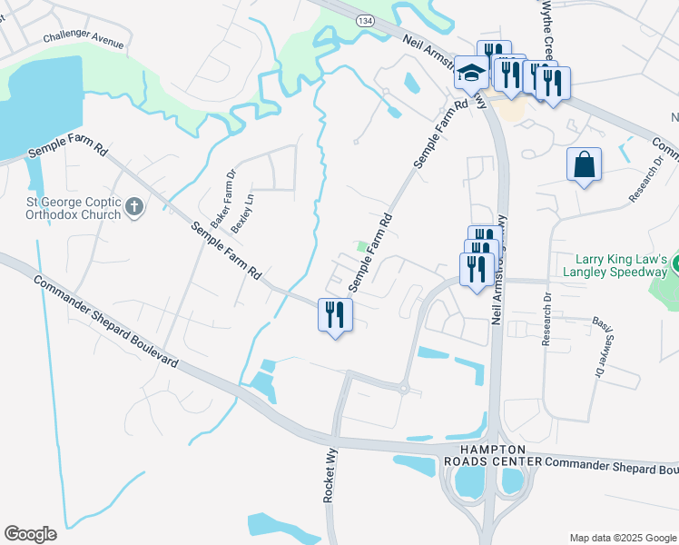 map of restaurants, bars, coffee shops, grocery stores, and more near 24 Frazier Court in Hampton