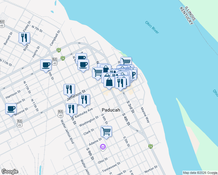 map of restaurants, bars, coffee shops, grocery stores, and more near 400-498 Jefferson St in Paducah