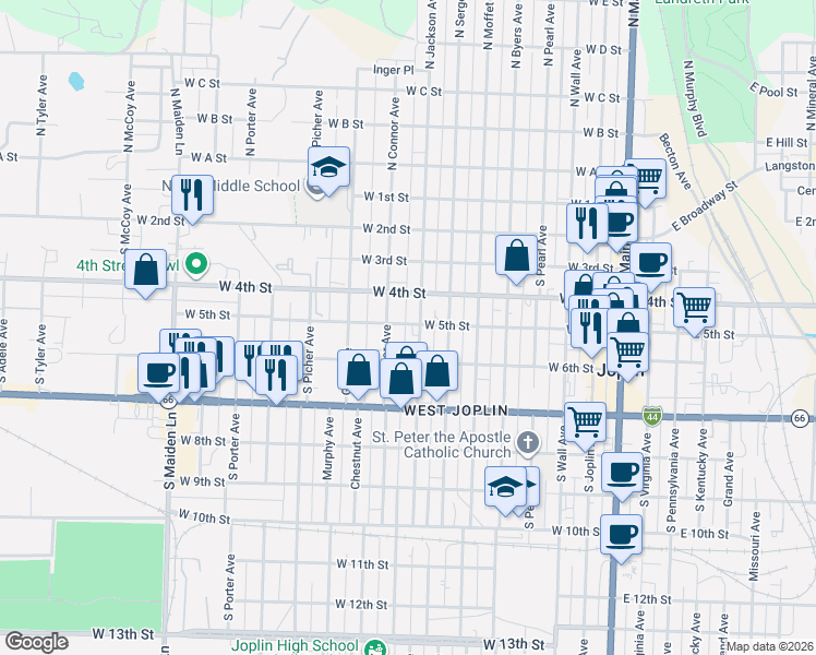 map of restaurants, bars, coffee shops, grocery stores, and more near 411 South Connor Avenue in Joplin