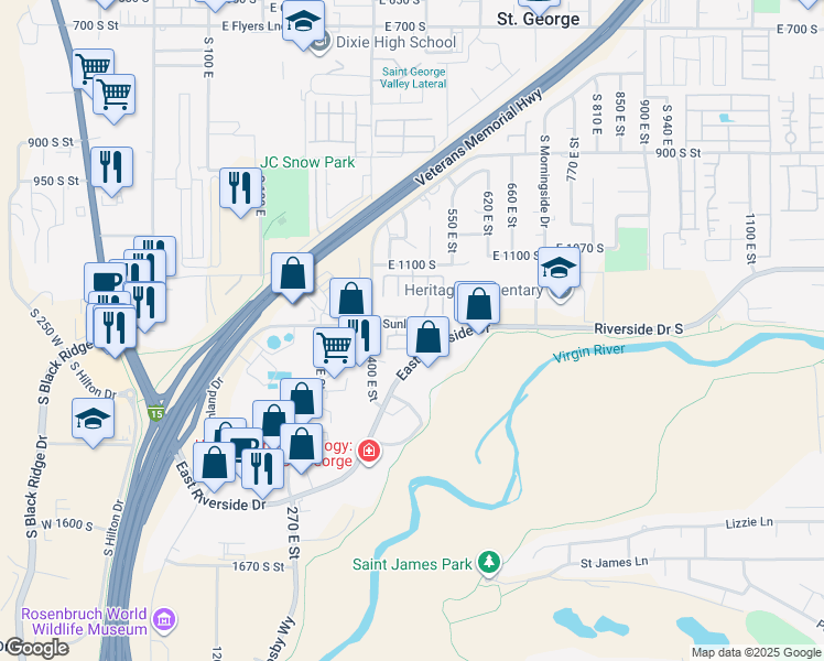 map of restaurants, bars, coffee shops, grocery stores, and more near 444 Sunland Drive in St. George