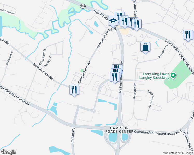 map of restaurants, bars, coffee shops, grocery stores, and more near 52 Corwin Circle in Hampton
