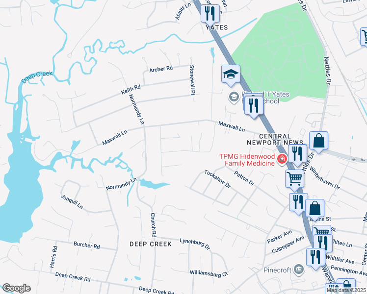 map of restaurants, bars, coffee shops, grocery stores, and more near 13 Luanita Lane in Newport News