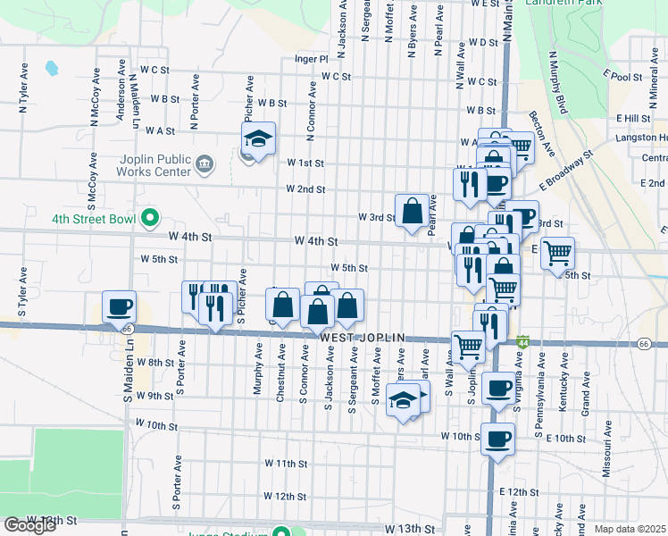 map of restaurants, bars, coffee shops, grocery stores, and more near 501 South Jackson Avenue in Joplin