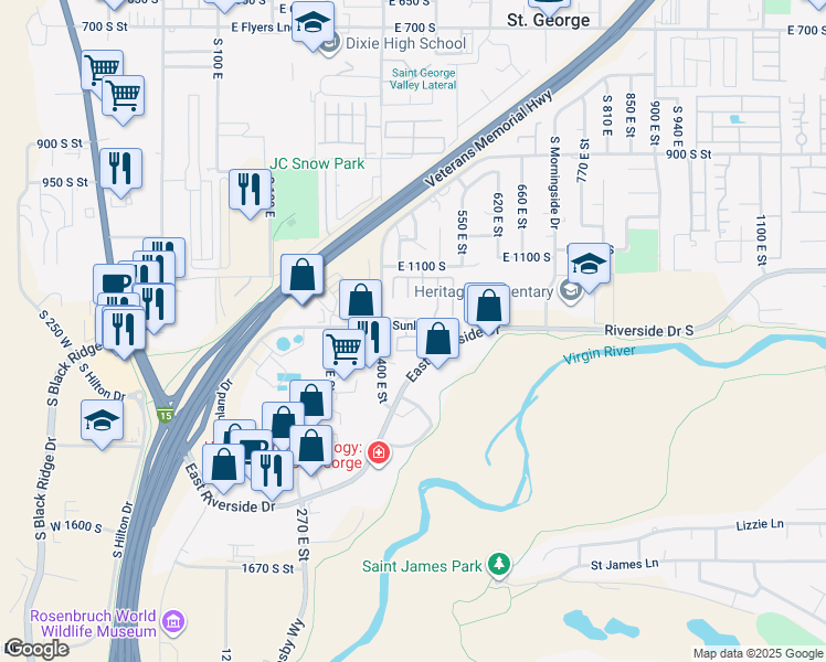 map of restaurants, bars, coffee shops, grocery stores, and more near 441 Sunland Drive in St. George