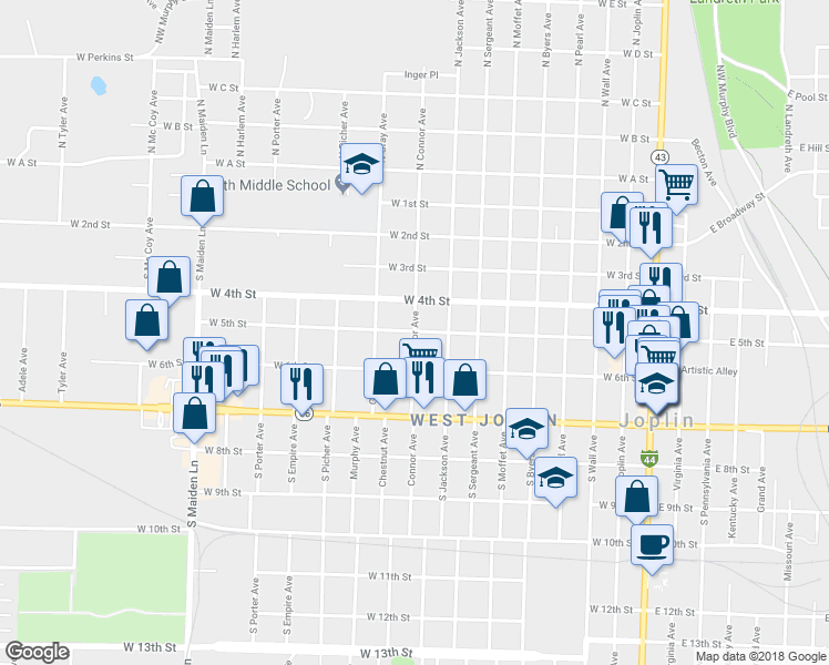 map of restaurants, bars, coffee shops, grocery stores, and more near 501 Connor Avenue in Joplin