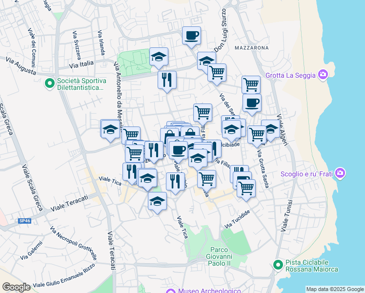 map of restaurants, bars, coffee shops, grocery stores, and more near 15 Via Daniele Monteleoni in Syracuse
