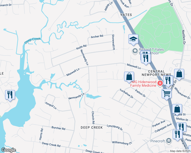 map of restaurants, bars, coffee shops, grocery stores, and more near 12 Mammoth Oak Road in Newport News
