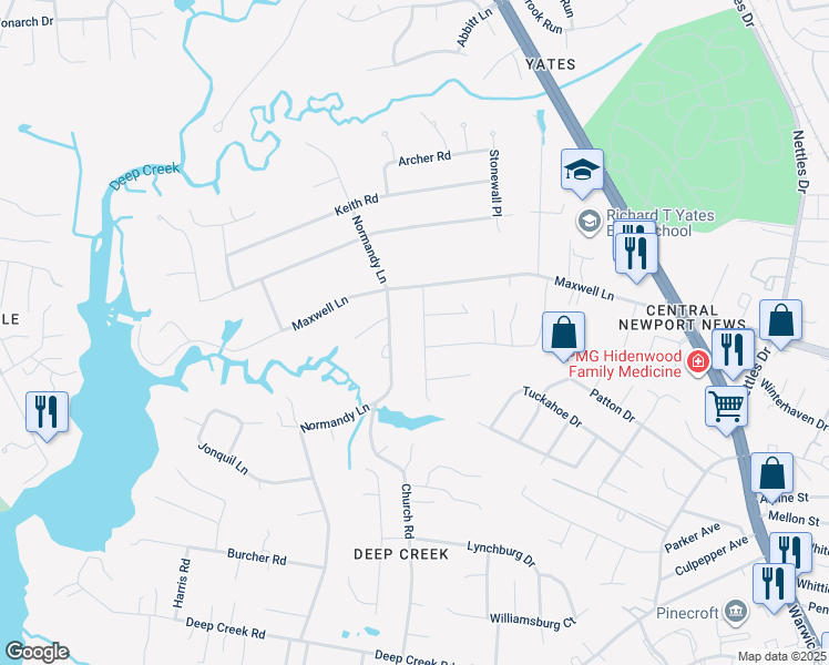 map of restaurants, bars, coffee shops, grocery stores, and more near 12 Mammoth Oak Road in Newport News