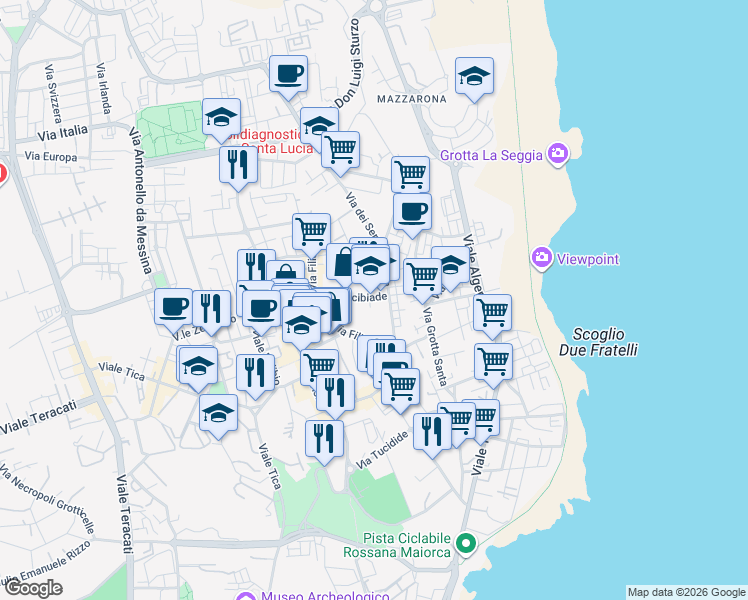 map of restaurants, bars, coffee shops, grocery stores, and more near Ronco VII A Via dei Servi di Maria in Syracuse