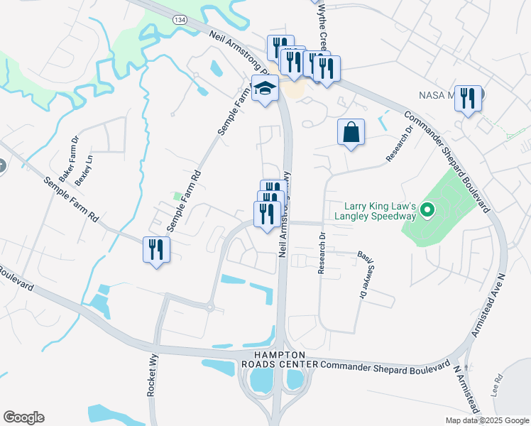 map of restaurants, bars, coffee shops, grocery stores, and more near 9 Derby Drive in Hampton
