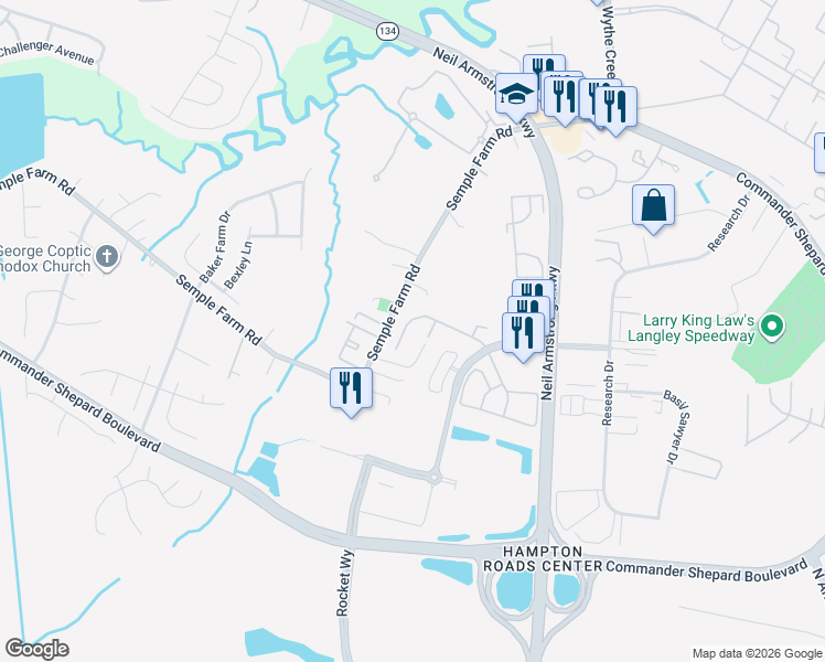 map of restaurants, bars, coffee shops, grocery stores, and more near 138 Corwin Circle in Hampton