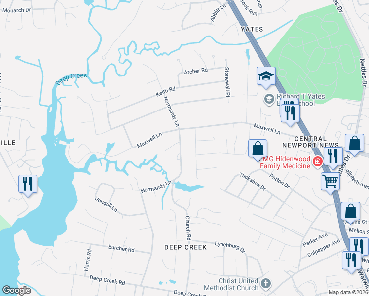 map of restaurants, bars, coffee shops, grocery stores, and more near 181 Normandy Lane in Newport News