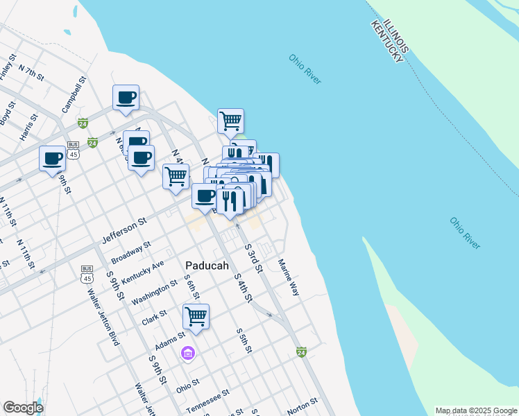 map of restaurants, bars, coffee shops, grocery stores, and more near 112 Maiden Alley in Paducah