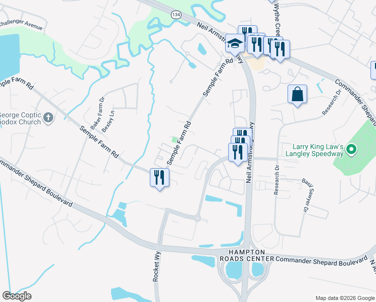 map of restaurants, bars, coffee shops, grocery stores, and more near 138 Corwin Circle in Hampton