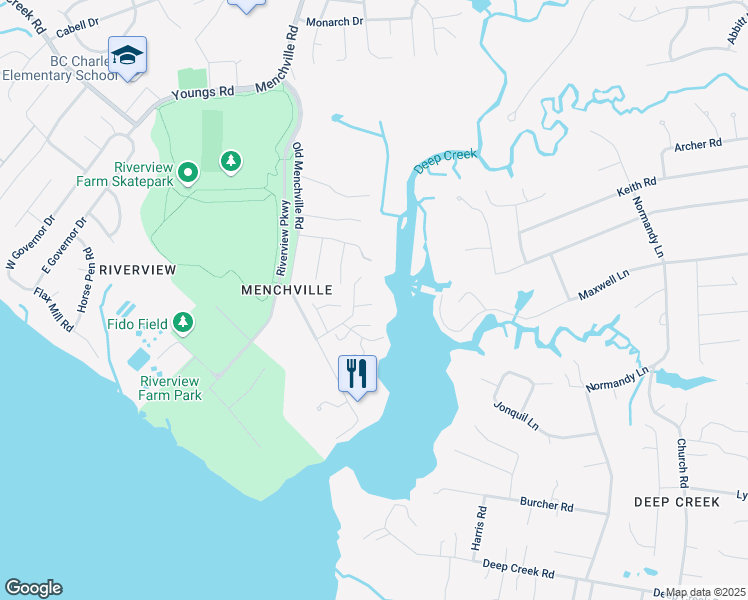 map of restaurants, bars, coffee shops, grocery stores, and more near 446 Marina Lane in Newport News
