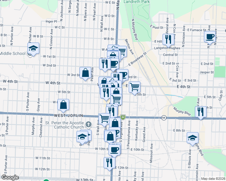 map of restaurants, bars, coffee shops, grocery stores, and more near 402 Missouri 43 in Joplin