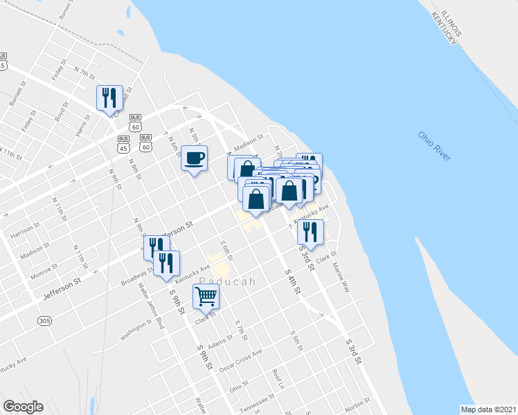 map of restaurants, bars, coffee shops, grocery stores, and more near 124 North 4th Street in Paducah