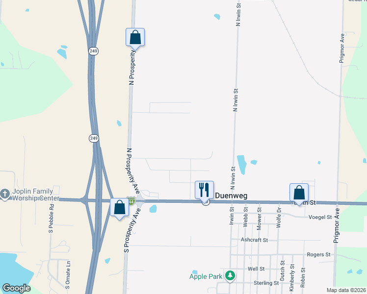 map of restaurants, bars, coffee shops, grocery stores, and more near 215-219 North Irwin Street in Joplin