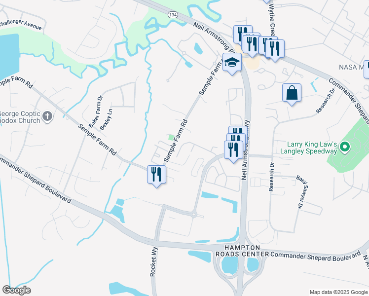 map of restaurants, bars, coffee shops, grocery stores, and more near 143 Corwin Circle in Hampton