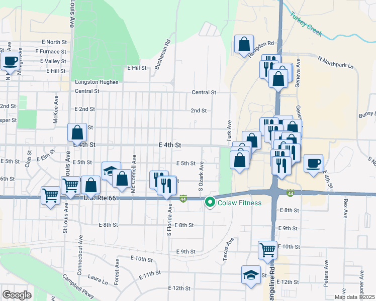 map of restaurants, bars, coffee shops, grocery stores, and more near 2619 East 4th Street in Joplin