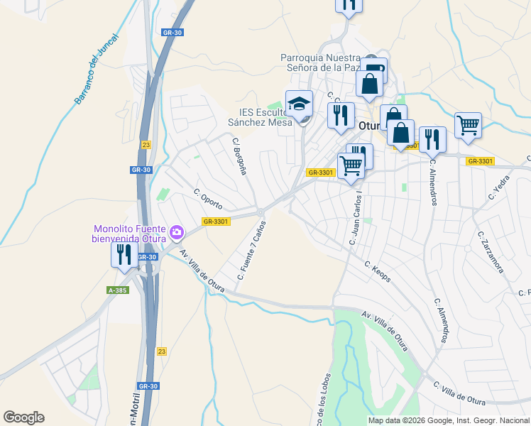 map of restaurants, bars, coffee shops, grocery stores, and more near in Granada