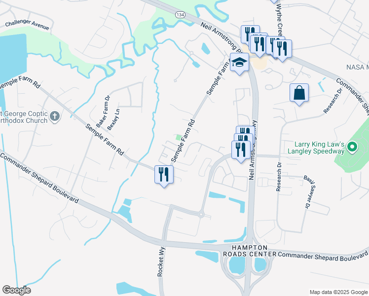 map of restaurants, bars, coffee shops, grocery stores, and more near 152 Corwin Circle in Hampton