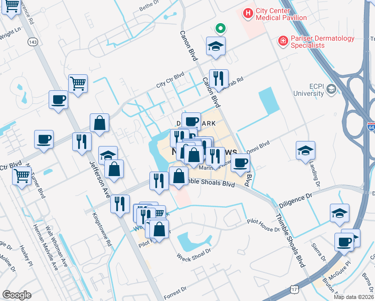 map of restaurants, bars, coffee shops, grocery stores, and more near 701 Town Center Drive in Newport News