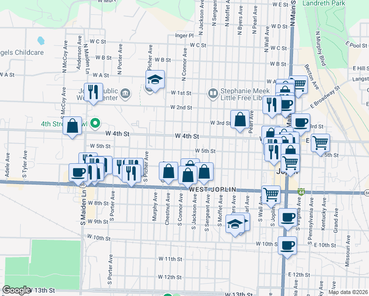 map of restaurants, bars, coffee shops, grocery stores, and more near 411 South Connor Avenue in Joplin