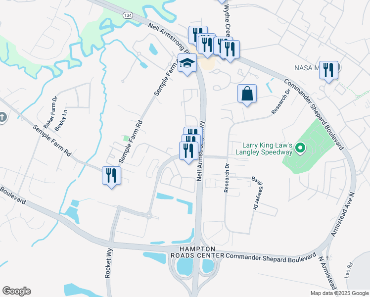 map of restaurants, bars, coffee shops, grocery stores, and more near 9 Derby Drive in Hampton