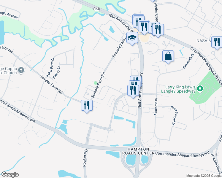 map of restaurants, bars, coffee shops, grocery stores, and more near 52 Corwin Circle in Hampton