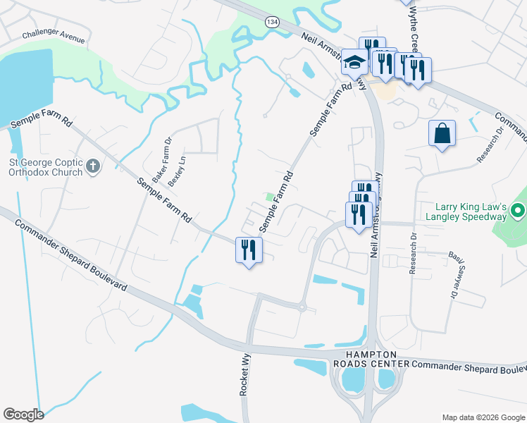map of restaurants, bars, coffee shops, grocery stores, and more near 24 Frazier Court in Hampton