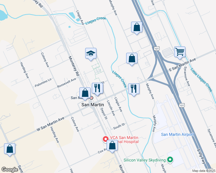 map of restaurants, bars, coffee shops, grocery stores, and more near 13375 Llagas Avenue in San Martin
