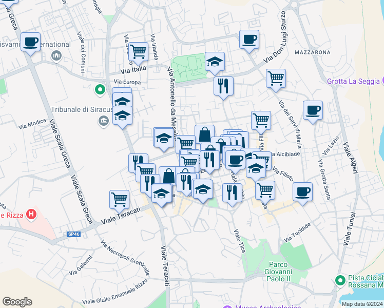 map of restaurants, bars, coffee shops, grocery stores, and more near 48 Via Andrea Palma in Siracusa