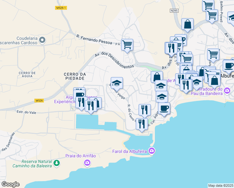 map of restaurants, bars, coffee shops, grocery stores, and more near 38 Rua João Veiga in Albufeira