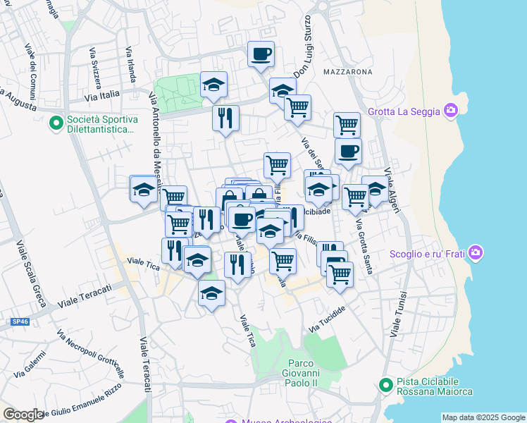 map of restaurants, bars, coffee shops, grocery stores, and more near 15 Via Daniele Monteleoni in Siracusa