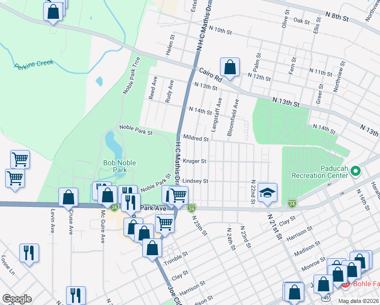 map of restaurants, bars, coffee shops, grocery stores, and more near 922 North 26th Street in Paducah