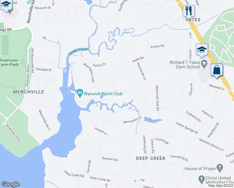 map of restaurants, bars, coffee shops, grocery stores, and more near 301 Maxwell Lane in Newport News