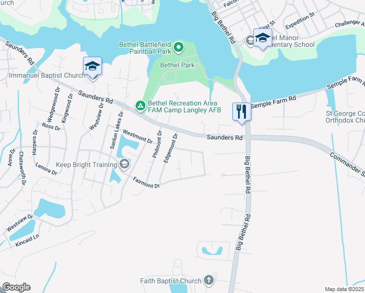 map of restaurants, bars, coffee shops, grocery stores, and more near 3 Newgate Village Road in Hampton