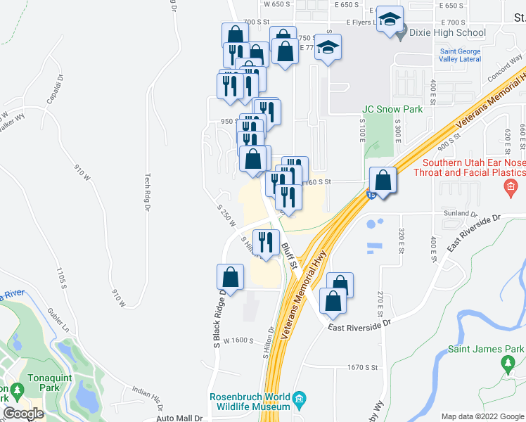 map of restaurants, bars, coffee shops, grocery stores, and more near 1216 South Bluff Street in St. George