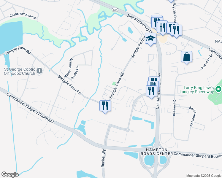 map of restaurants, bars, coffee shops, grocery stores, and more near 24 Frazier Court in Hampton